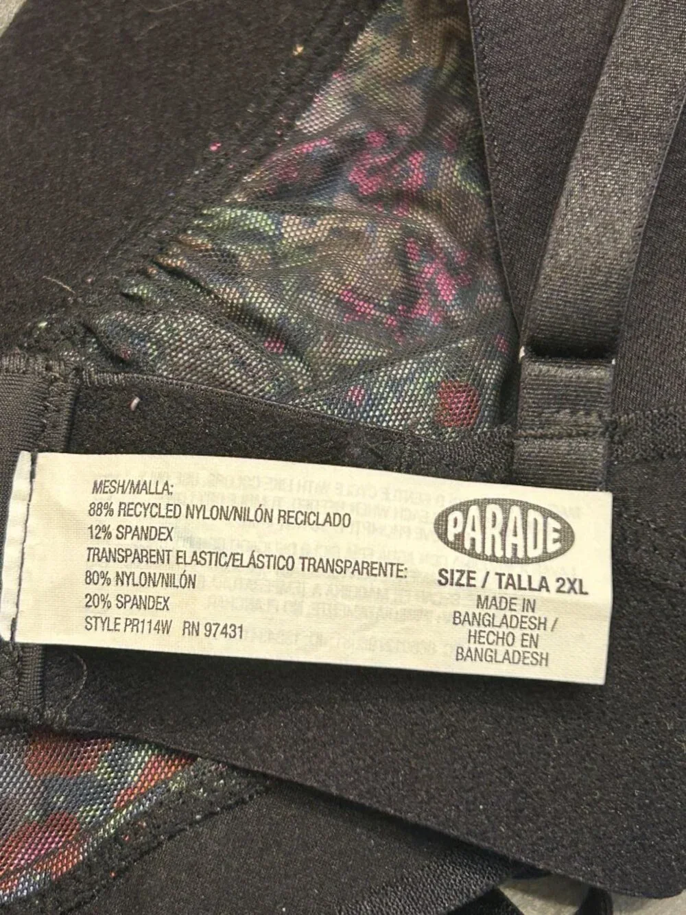 Parade Plunge Bralette – 2XL, Mesh Floral, Wire‑Free, Adjustable, Semi‑Sheer